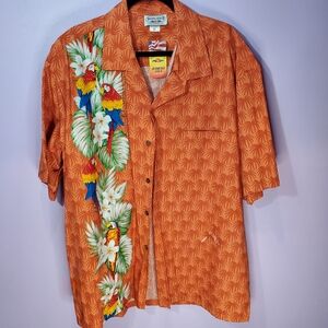 Pacific Legend Apparel Orange Hawaiian Parrot Button Down Shirt Mens Size 2XL